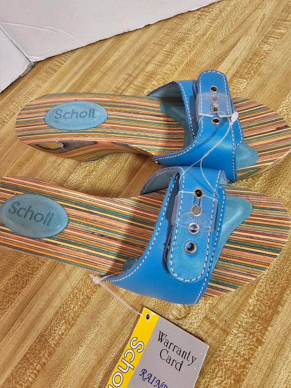 NWT Dr Scholl's Wood Sandals Rainbow Stripe Blue Slide Womens Teens Sz 3 Rare